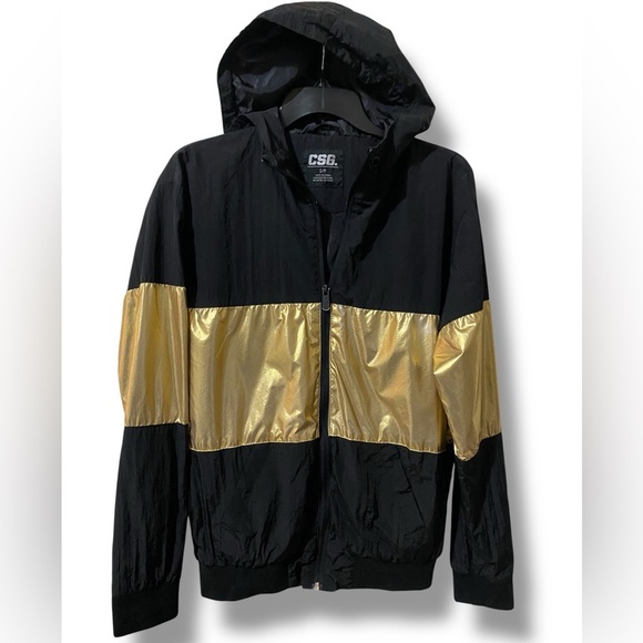 CSG Black Hooded Bomber Jacket with Bold Gold Color-block Women’s Size SP Goth - Picture 4 of 7